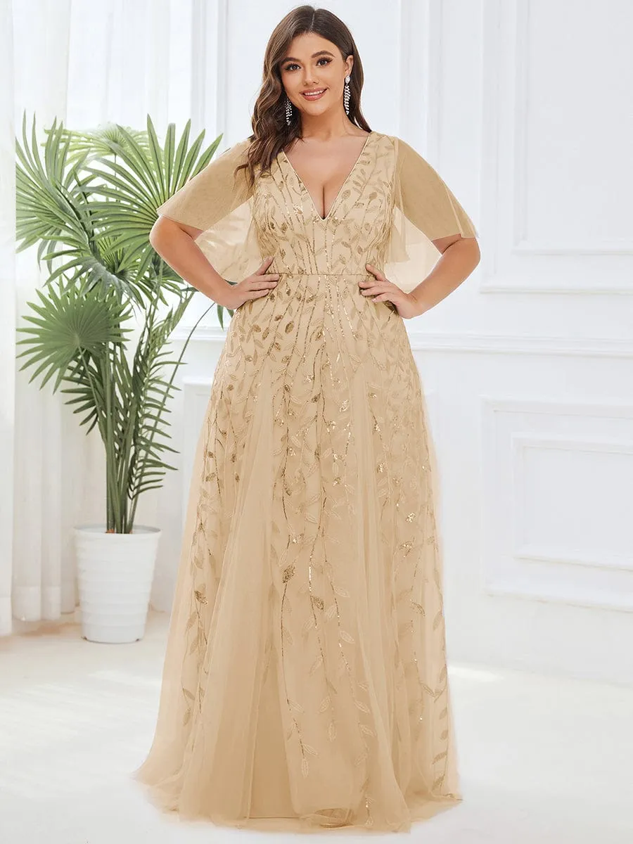 Romantic Shimmery V Neck Ruffle Sleeves Maxi Long Evening Gowns