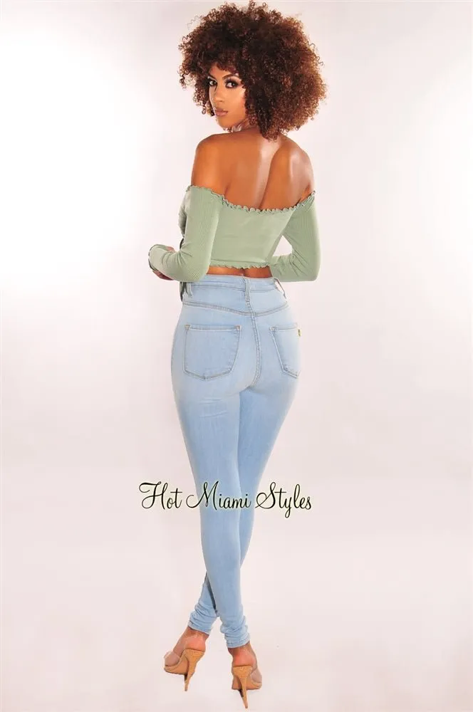 Sage Ribbed Off Shoulder Drawstring Tie Up Crop Top