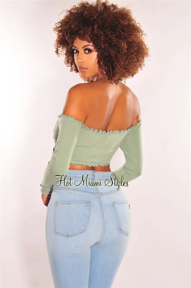 Sage Ribbed Off Shoulder Drawstring Tie Up Crop Top