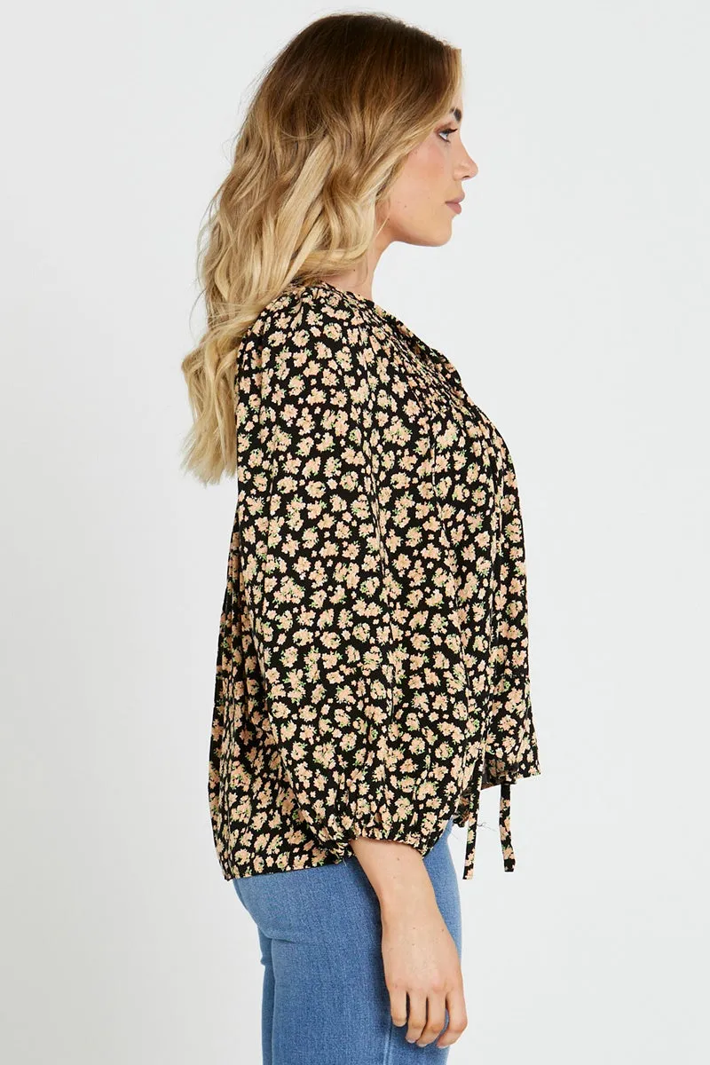 Sass - Tegan Shirred Boho Balloon Sleeve Top - Black Floral