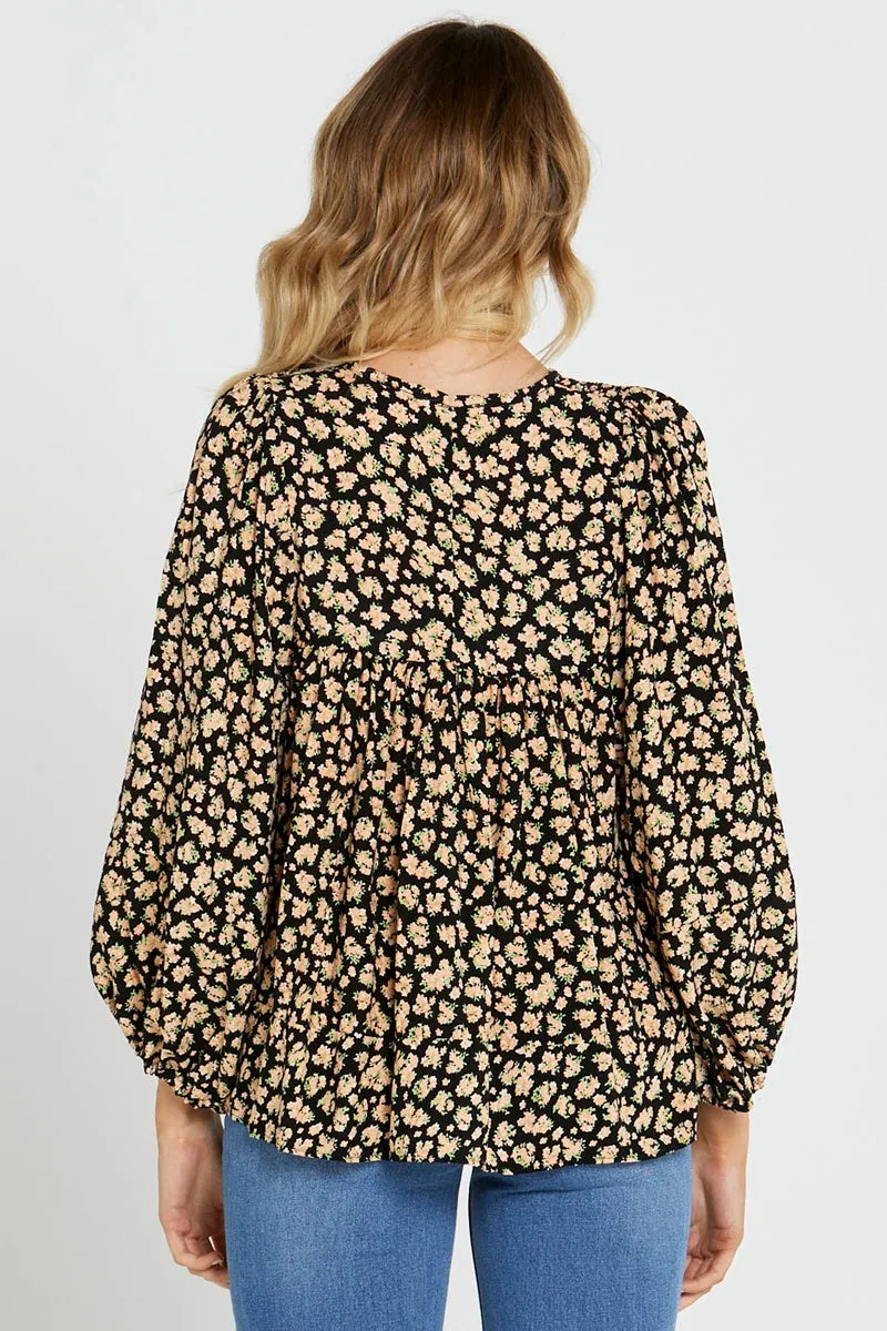 Sass - Tegan Shirred Boho Balloon Sleeve Top - Black Floral