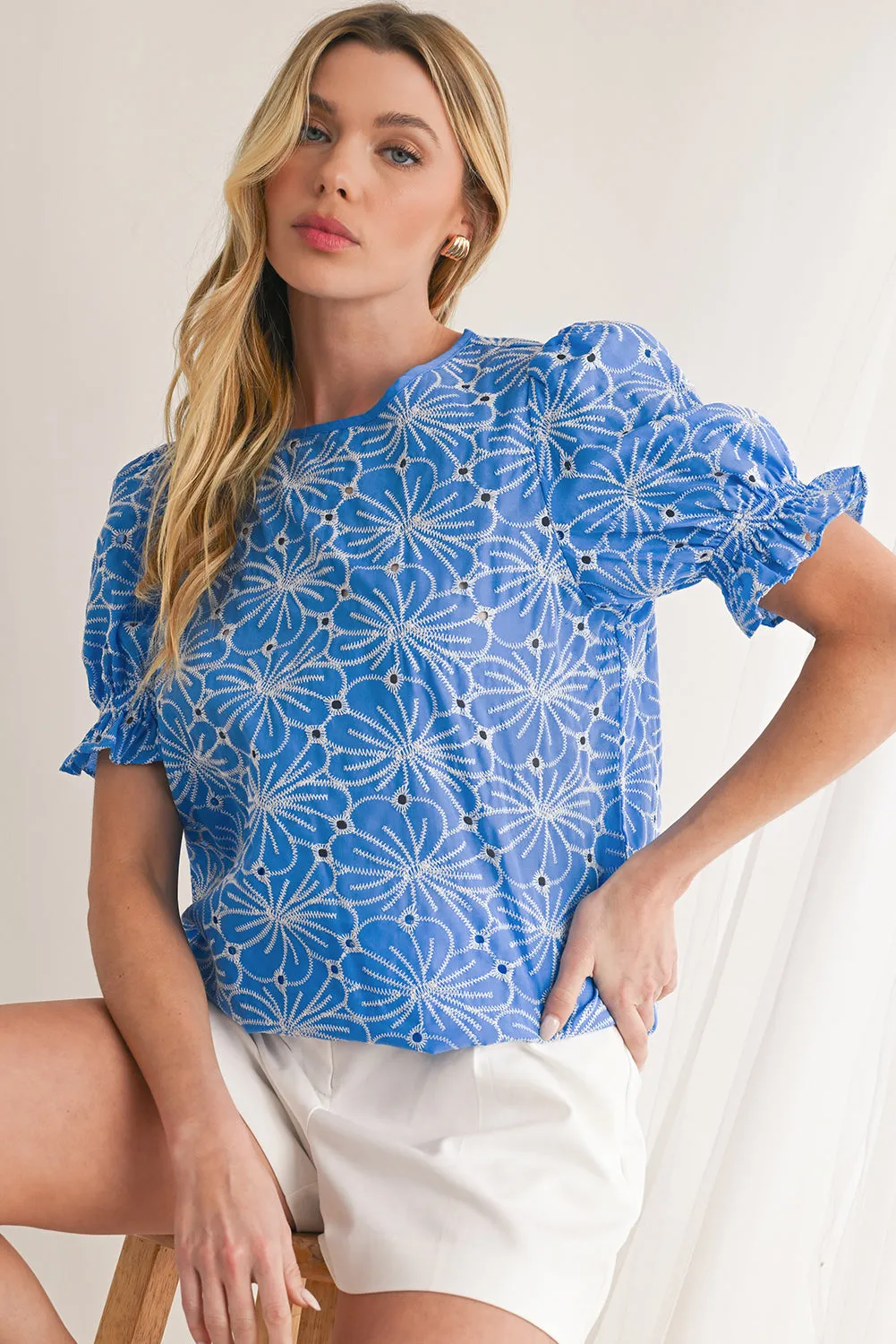 Sky Blue Boho Floral Eyelet Puff Sleeve Blouse