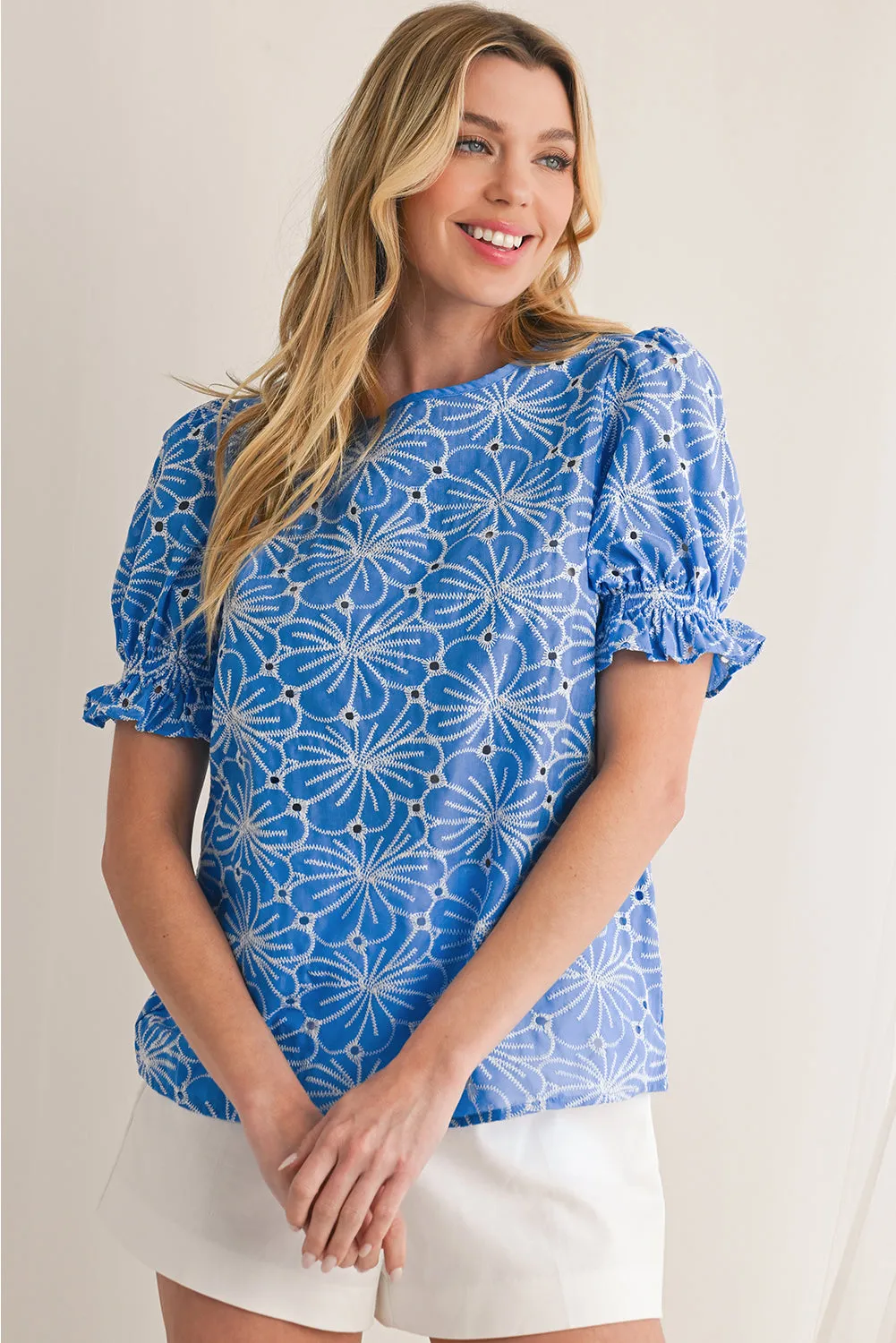 Sky Blue Boho Floral Eyelet Puff Sleeve Blouse