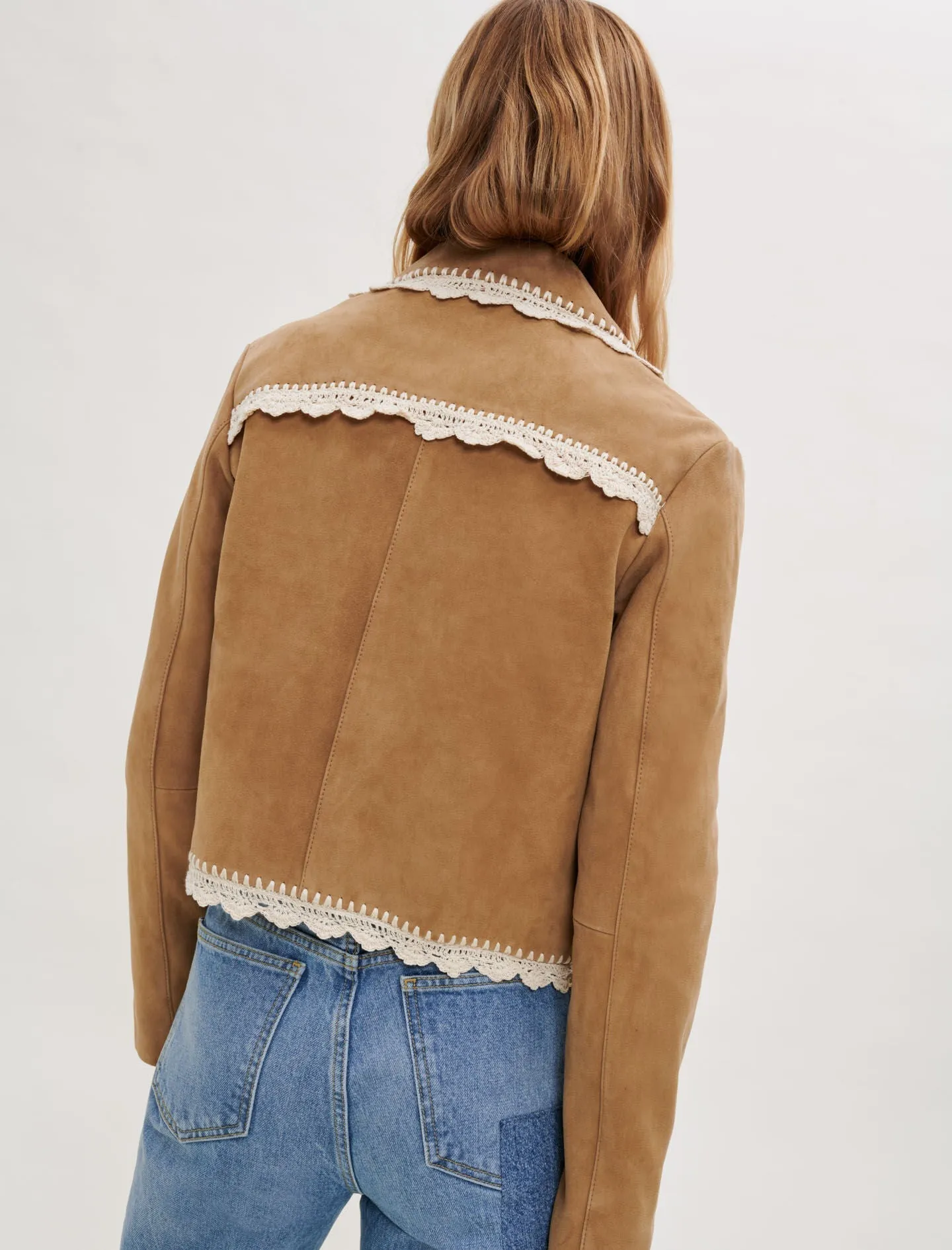 SUEDE JACKET WITH CROCHET TRIM