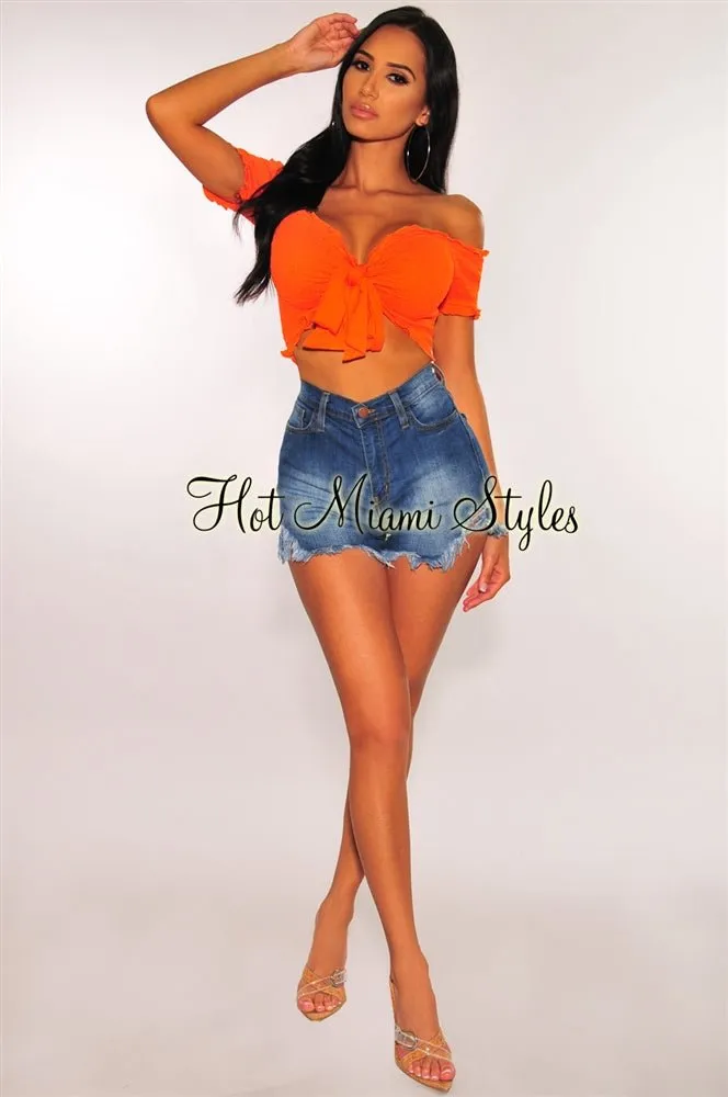 Tangerine Smocked Off Shoulder Tie Up Crop Top