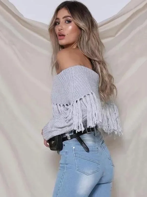 TastyHottie - Glamorous Tasseled Off-the-shoulder Long Sleeve Sweater Tops