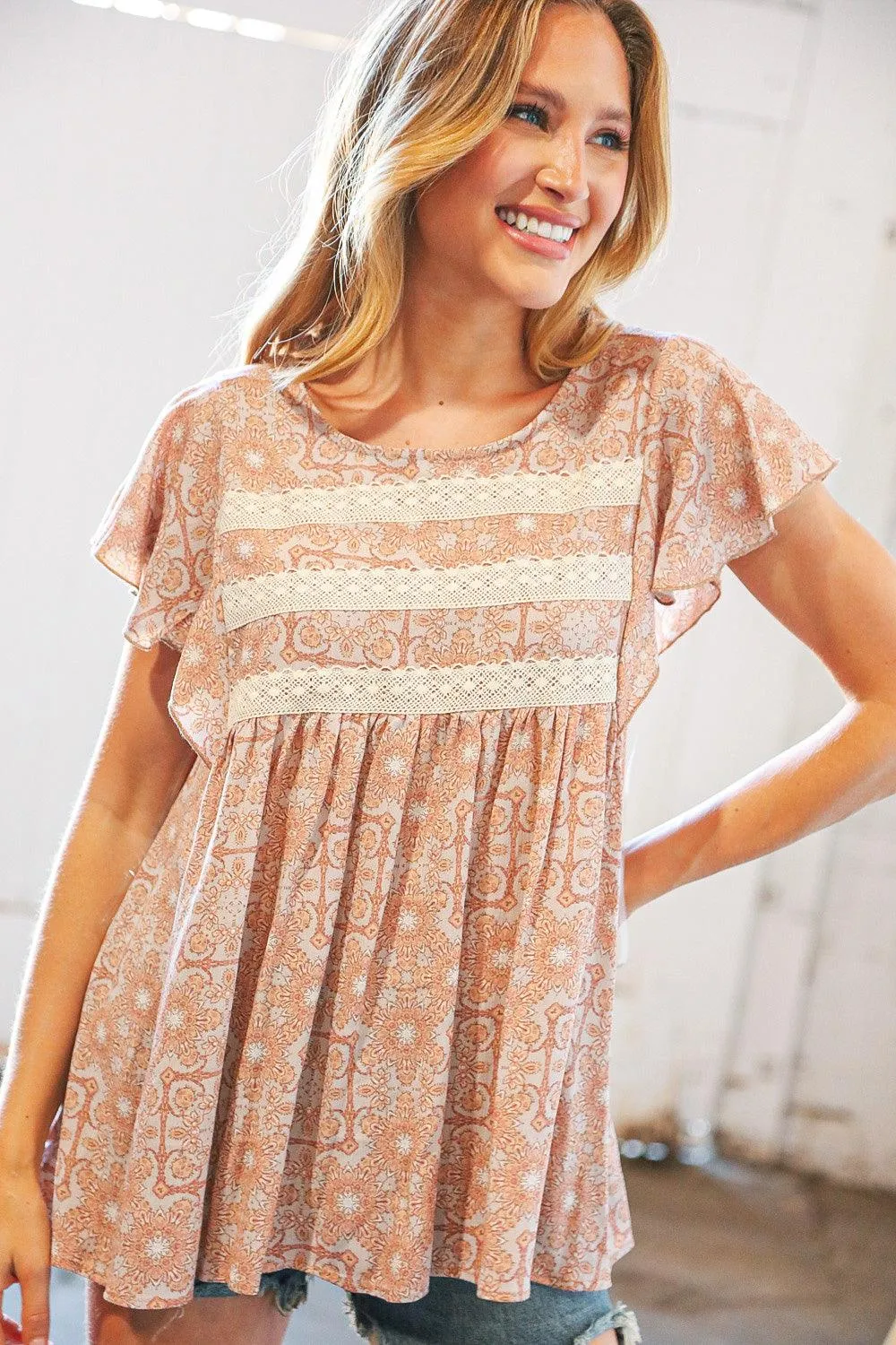 Taupe Boho Crochet Lace Babydoll Blouse Top