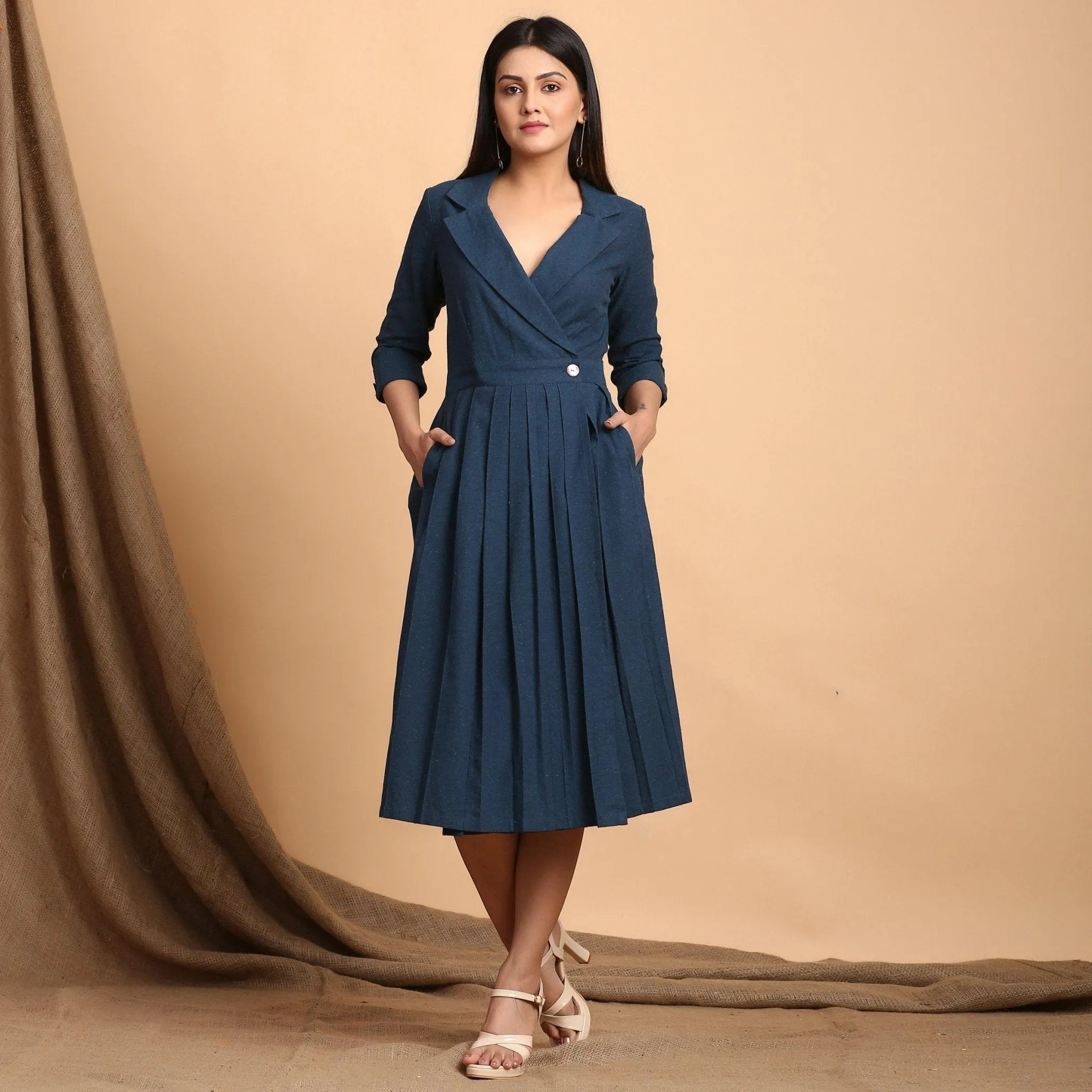 Teal Notched Collar Cotton Midi Wrap Dress