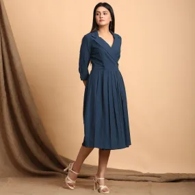 Teal Notched Collar Cotton Midi Wrap Dress