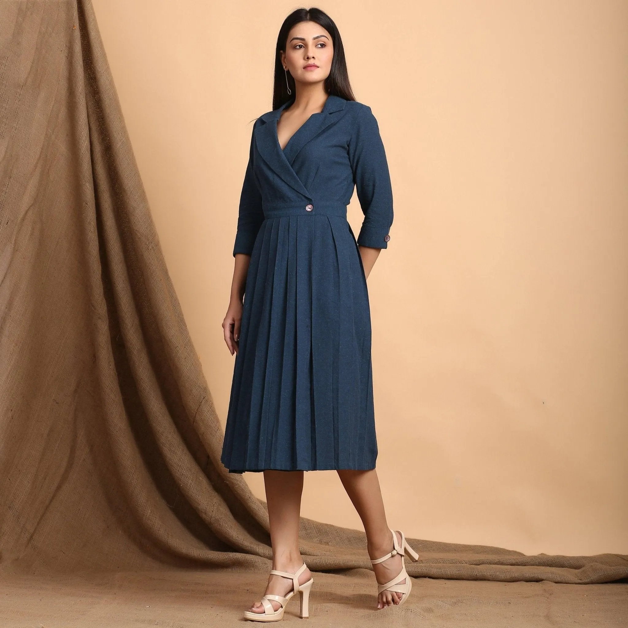 Teal Notched Collar Cotton Midi Wrap Dress