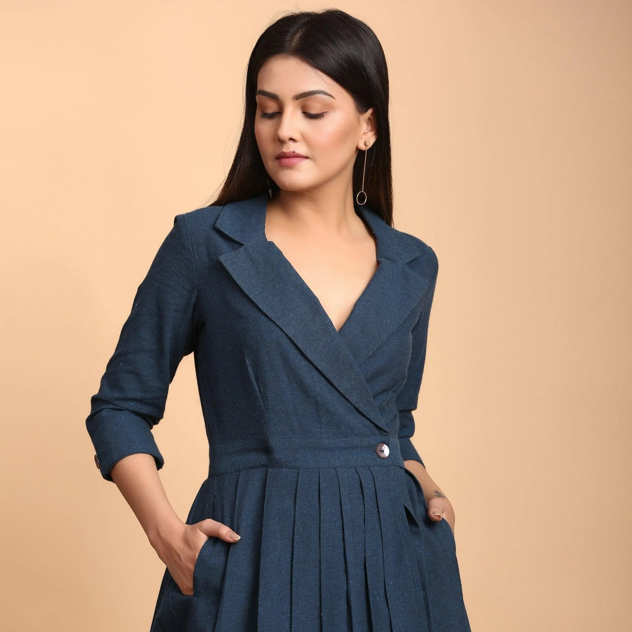 Teal Notched Collar Cotton Midi Wrap Dress