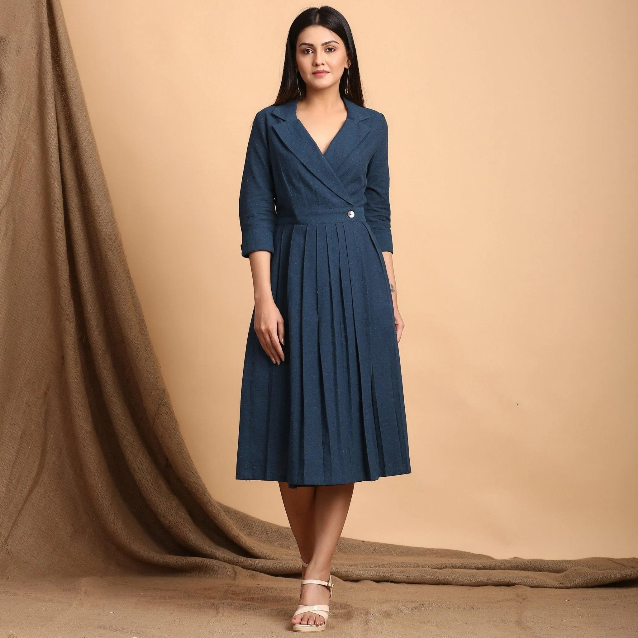 Teal Notched Collar Cotton Midi Wrap Dress