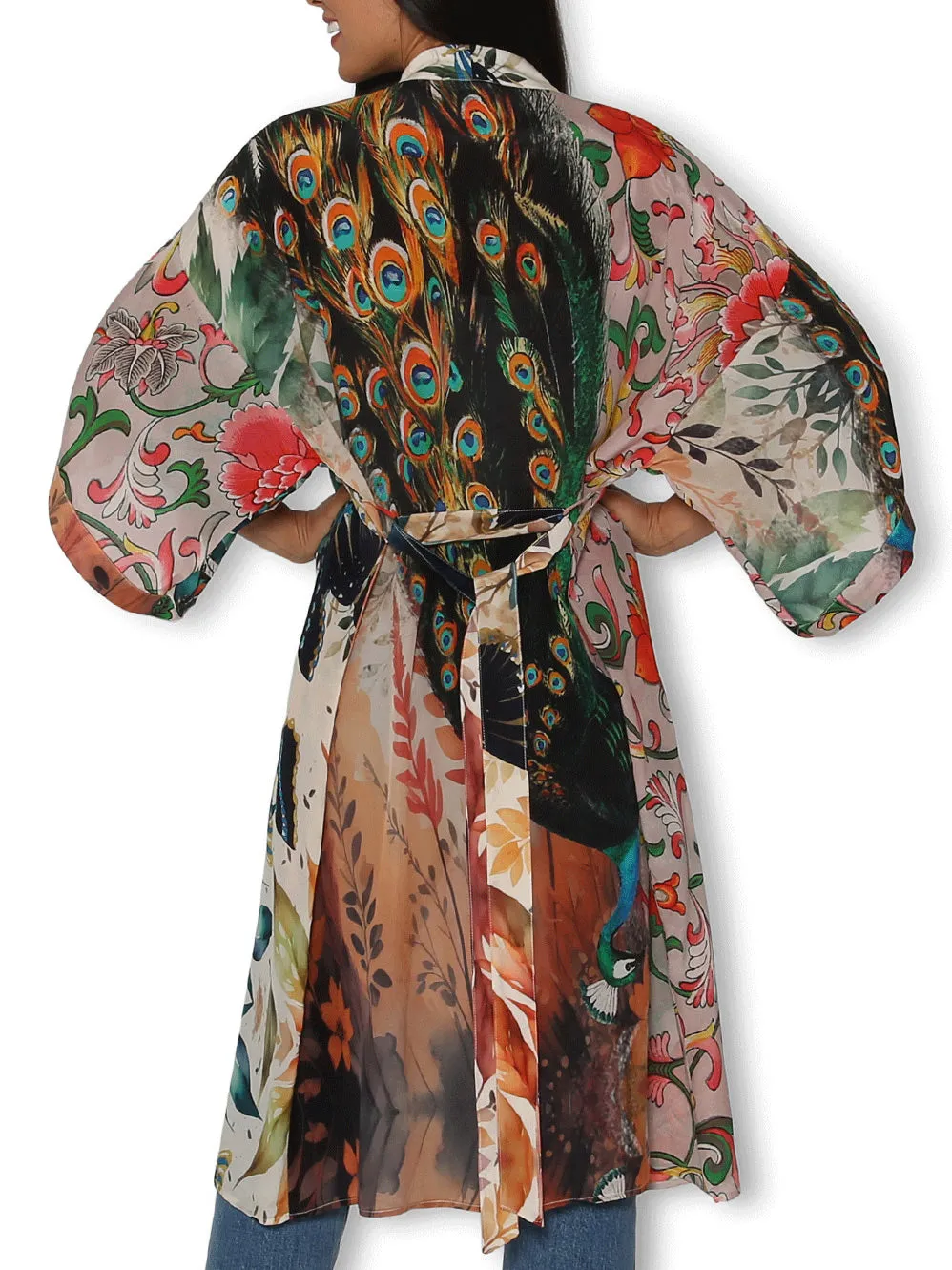 THE ARTISTS LABEL SPLENDOUR OF A PEACOCK GARDEN LONG SILK KIMONO