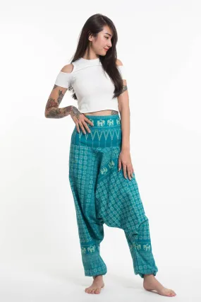 Unisex Hill Tribe Elephants Harem Pants in Turquoise