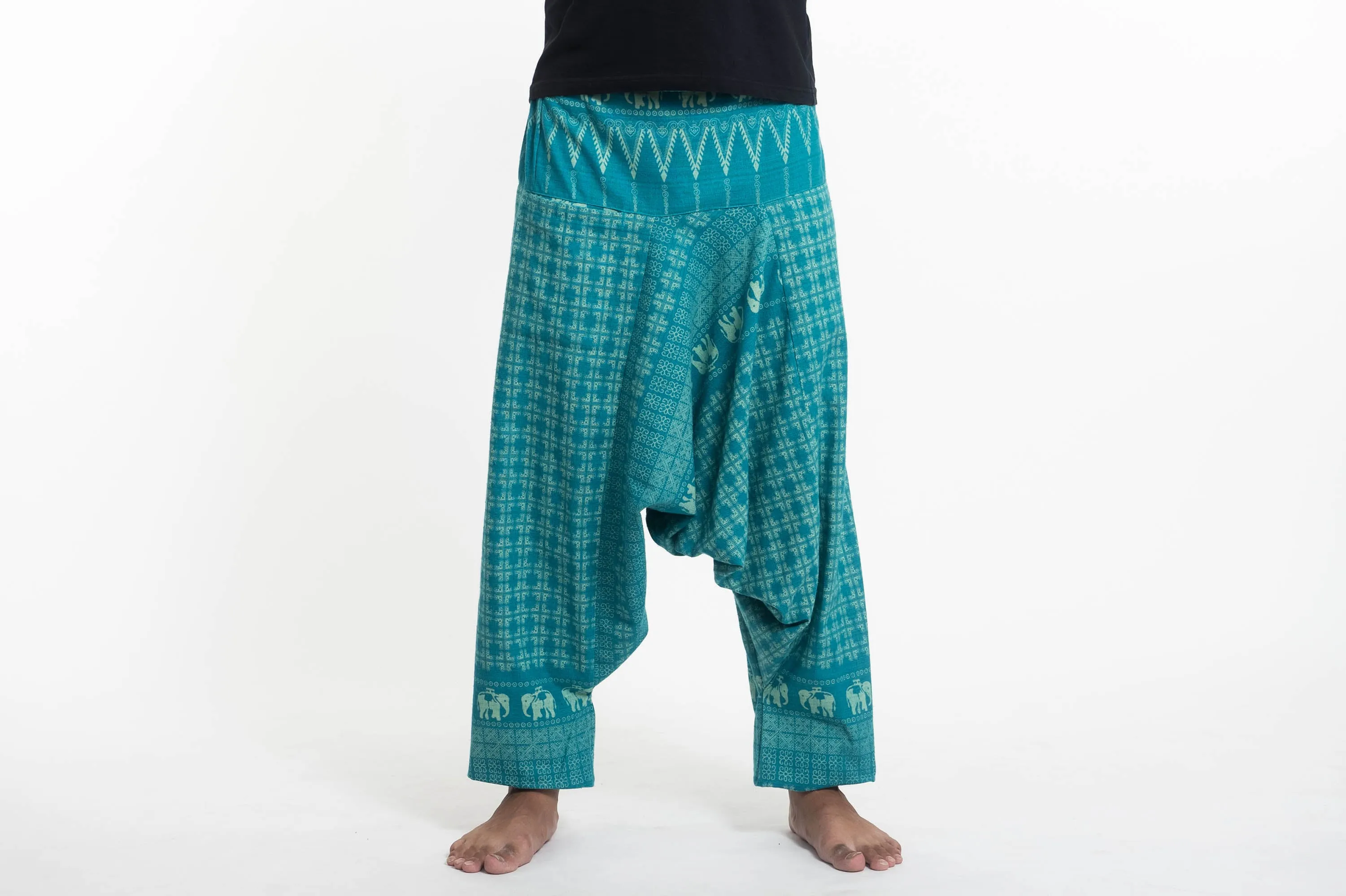 Unisex Hill Tribe Elephants Harem Pants in Turquoise