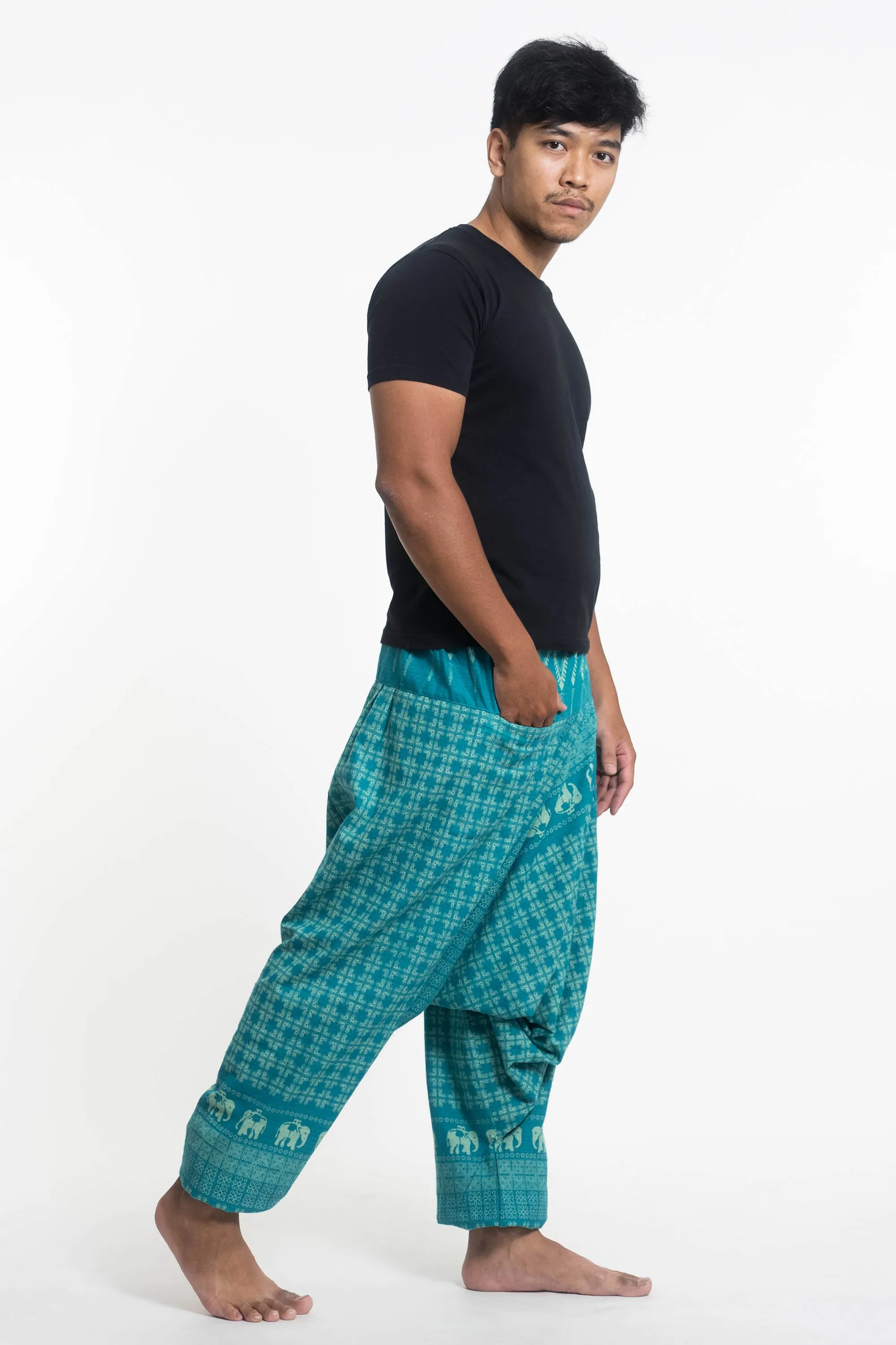 Unisex Hill Tribe Elephants Harem Pants in Turquoise