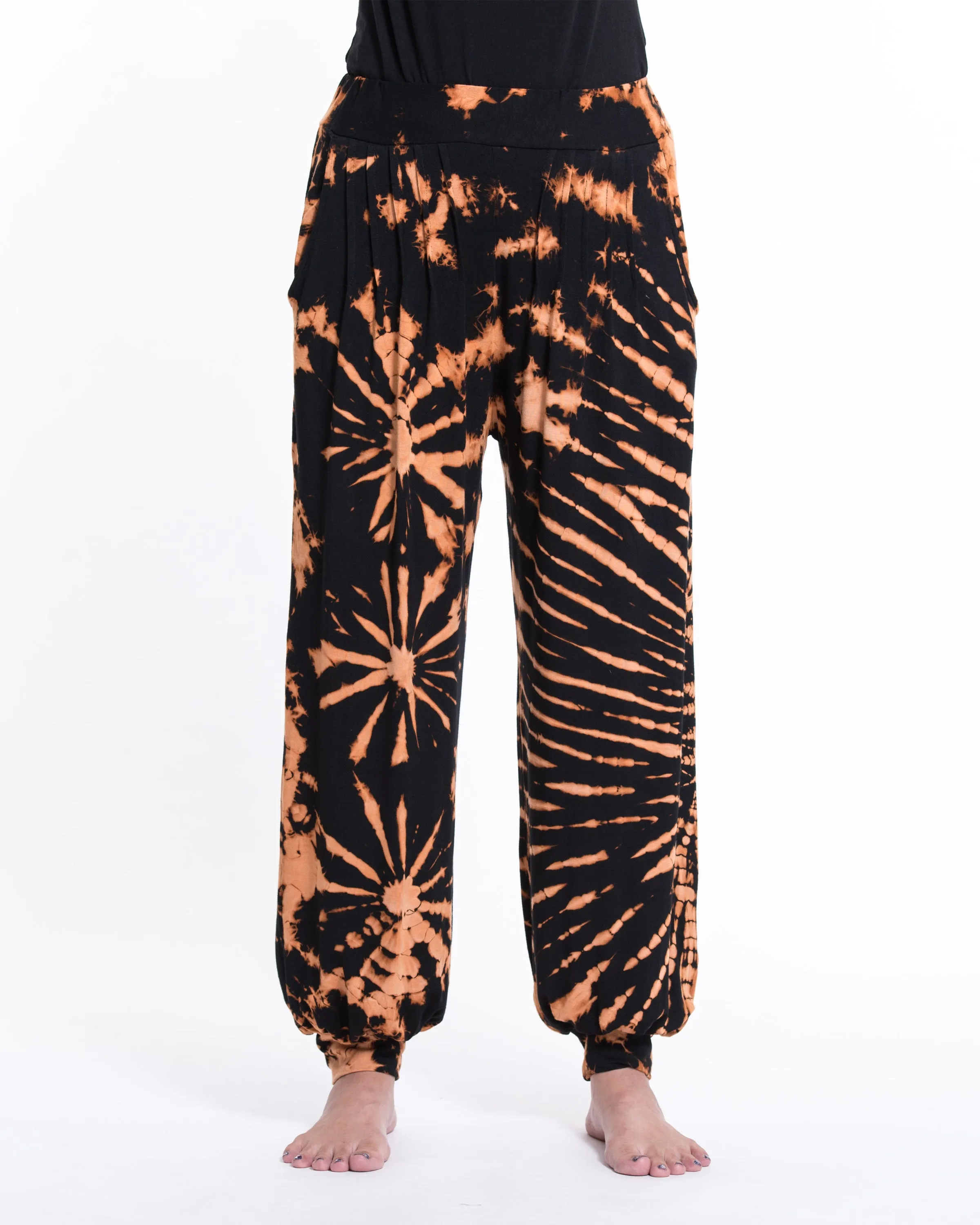 Unisex Tie Dye Cotton Harem Pants in Black Orange