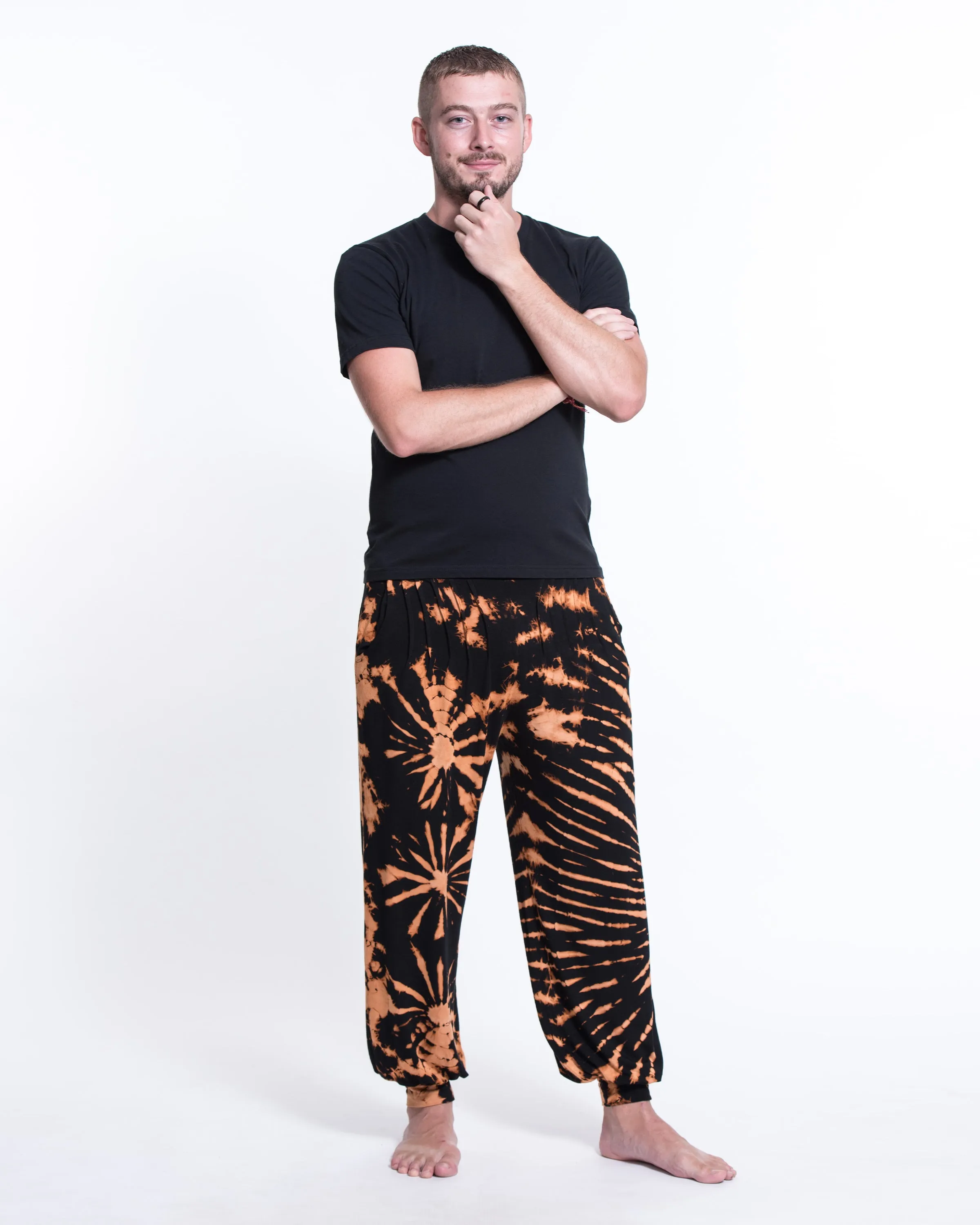 Unisex Tie Dye Cotton Harem Pants in Black Orange