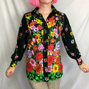 Vintage 60s 70s | Novelty Floral Psychedelic Mod Boho Disco Blouse Shirt Top | M