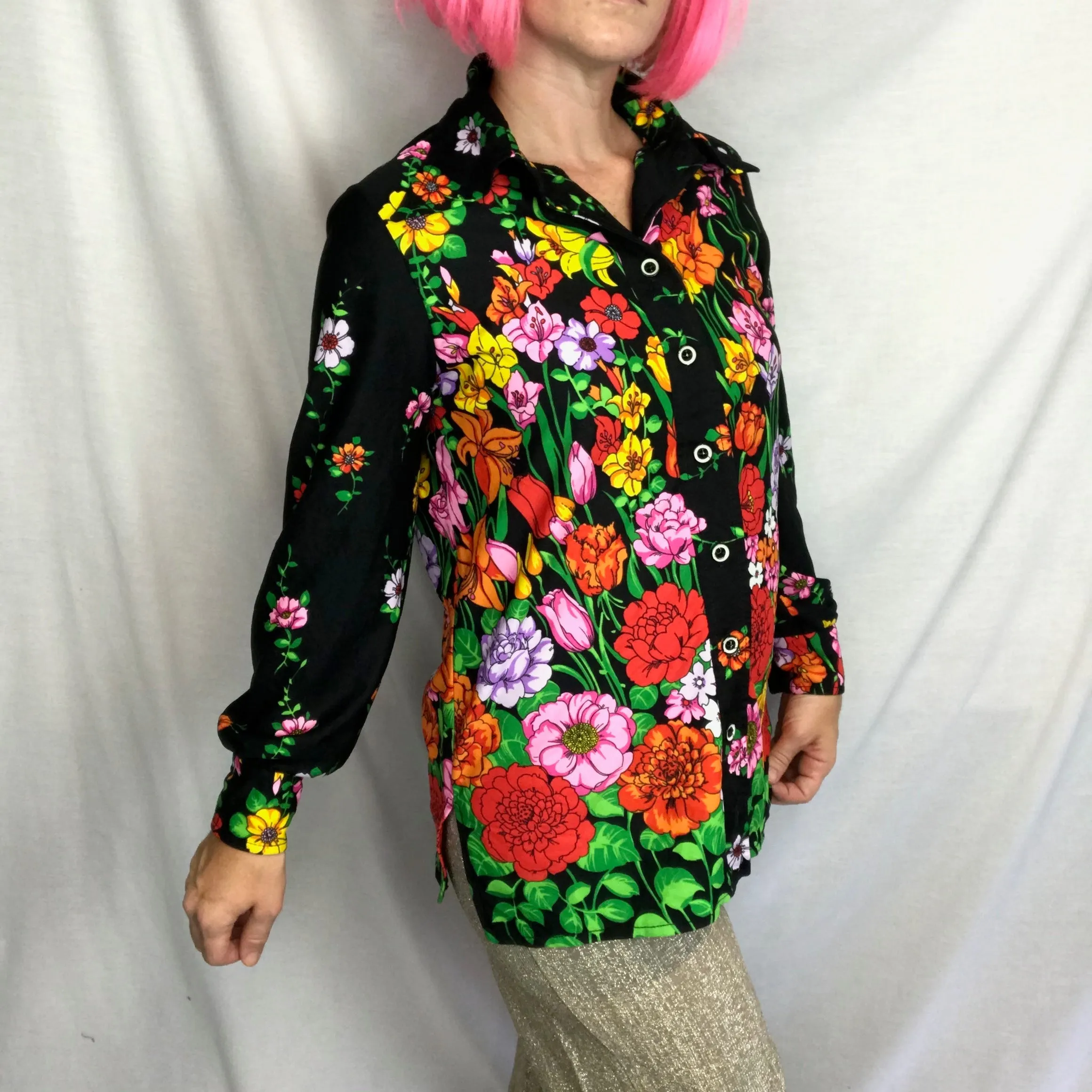 Vintage 60s 70s | Novelty Floral Psychedelic Mod Boho Disco Blouse Shirt Top | M