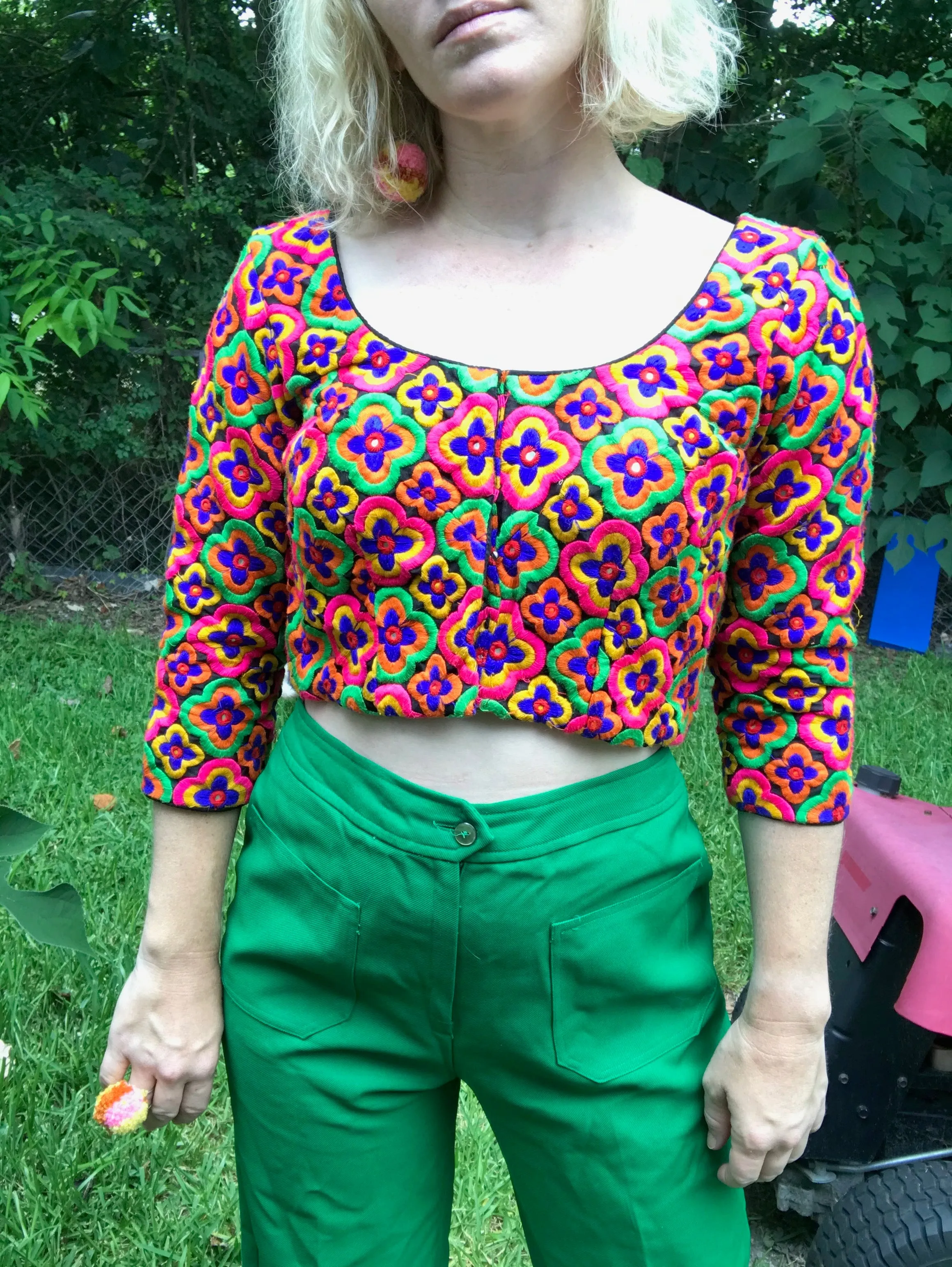 Vintage 70s | Rainbow Psychedelic Embroidered Ethnic Boho Hippie Crop Top | S