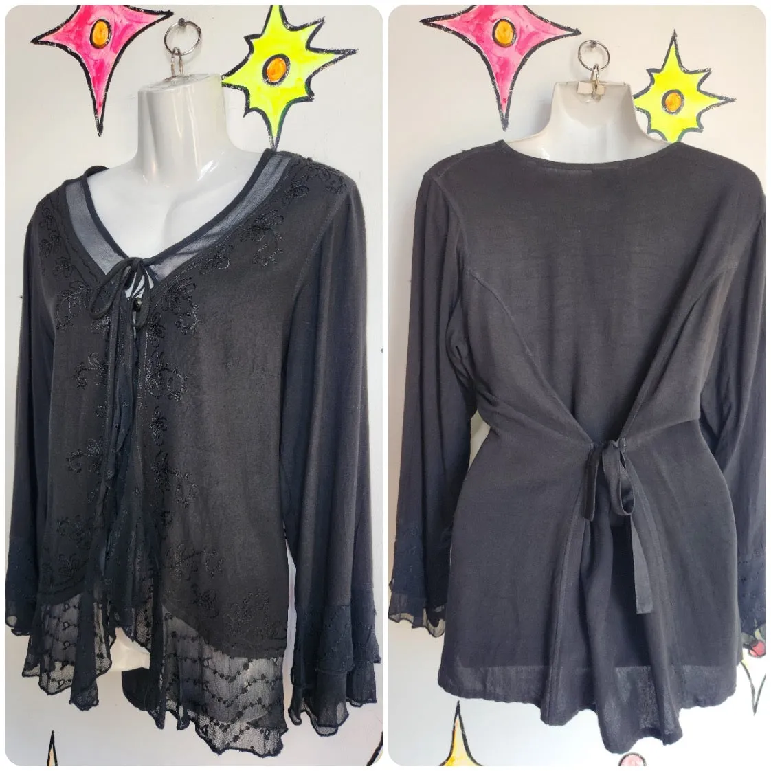 Vintage 90s | Black Ruffle Neck Fairy Pirate Boho Steampunk Blouse Top | One Sz