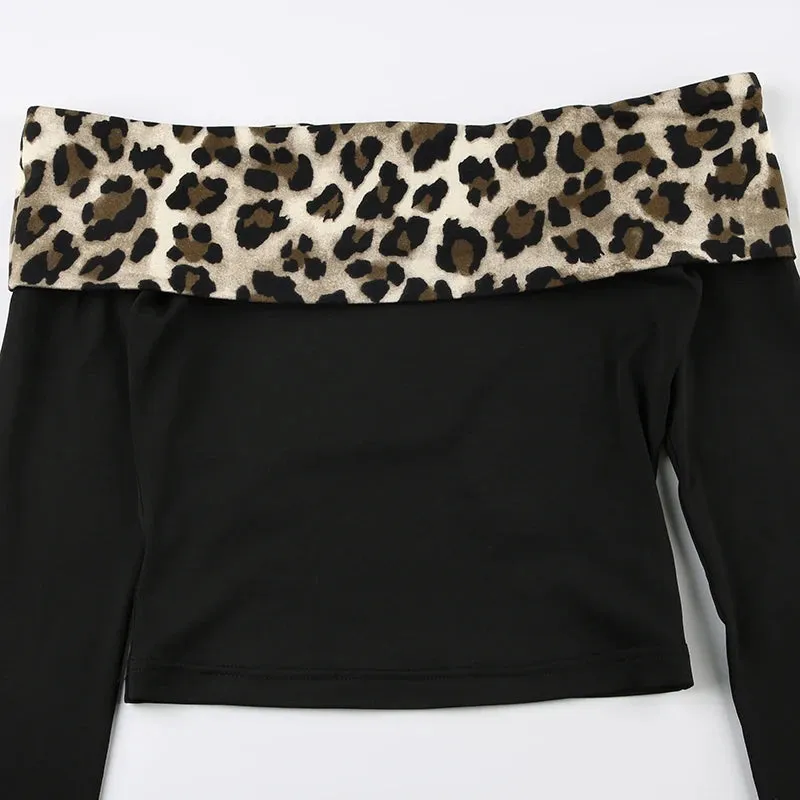 Vintage Off-Shoulder Leopard Patchwork Top