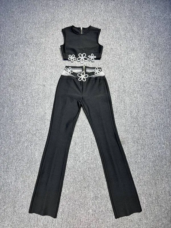 Virginia Sleeveless Crystal Embellished Top & Flared Pants Set