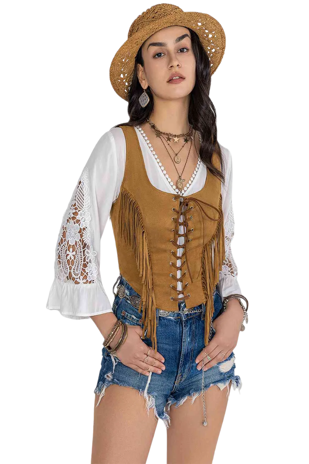 Women Fringe Lace-Up Vest