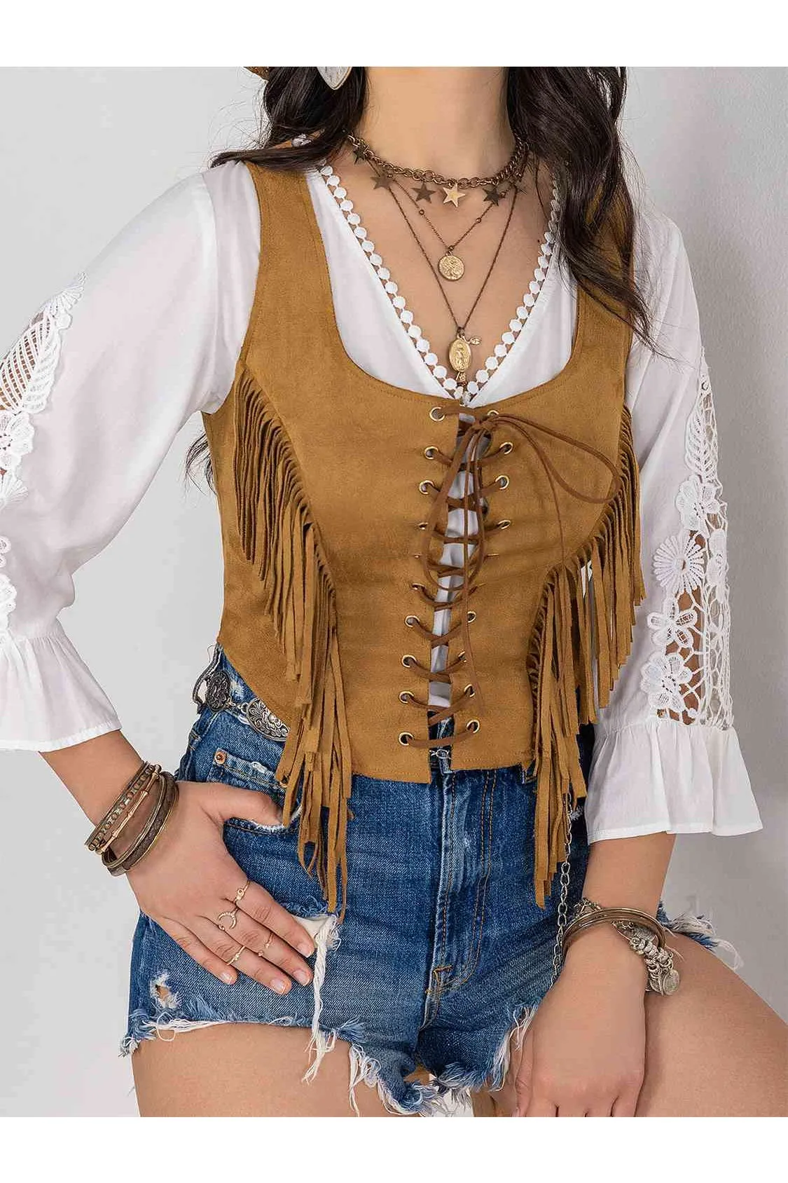 Women Fringe Lace-Up Vest