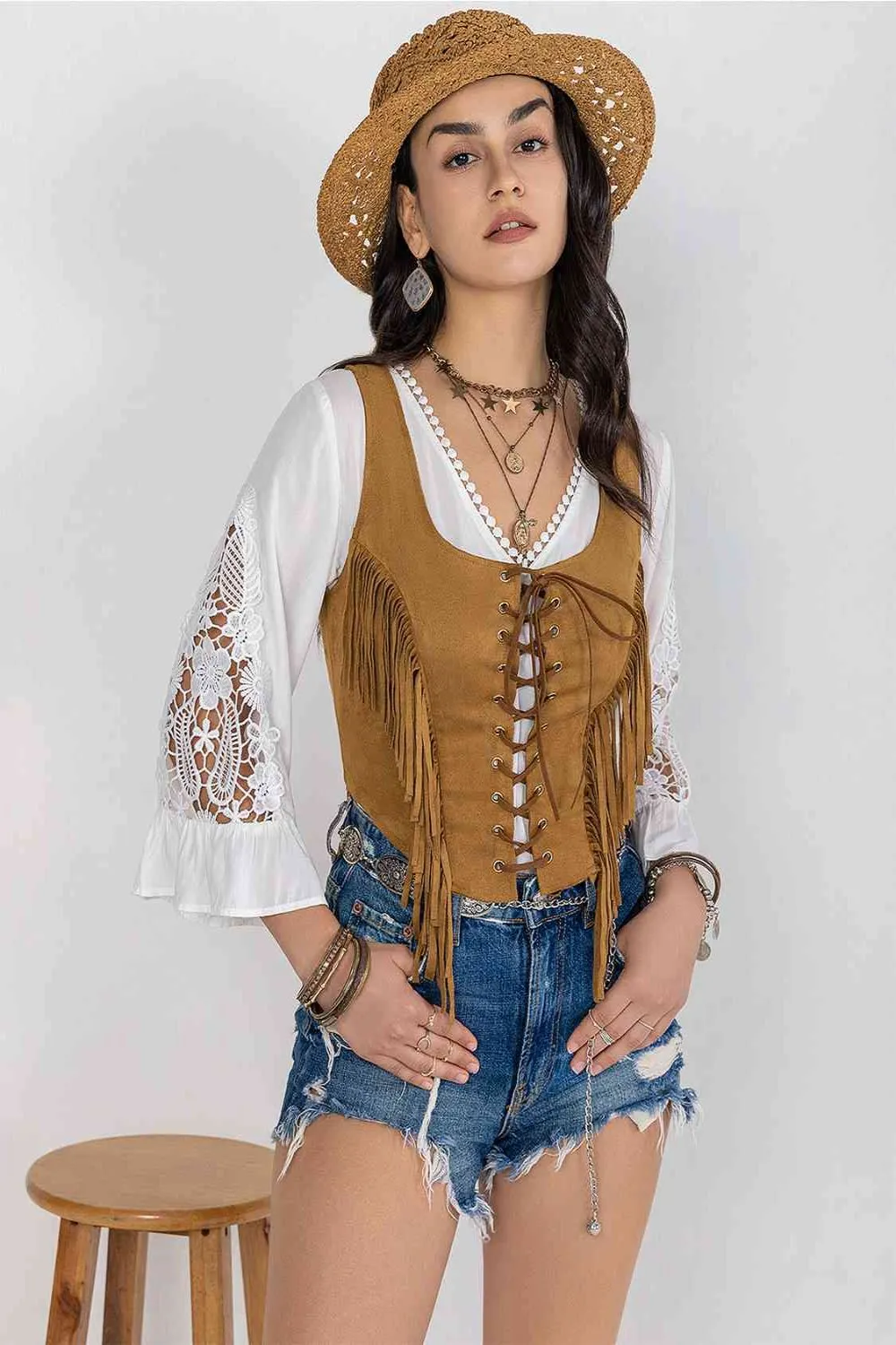 Women Fringe Lace-Up Vest