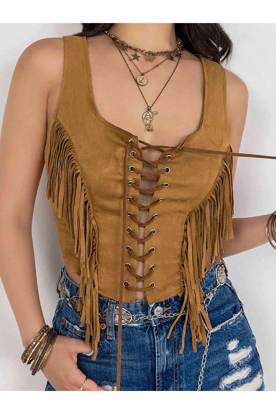 Women Fringe Lace-Up Vest