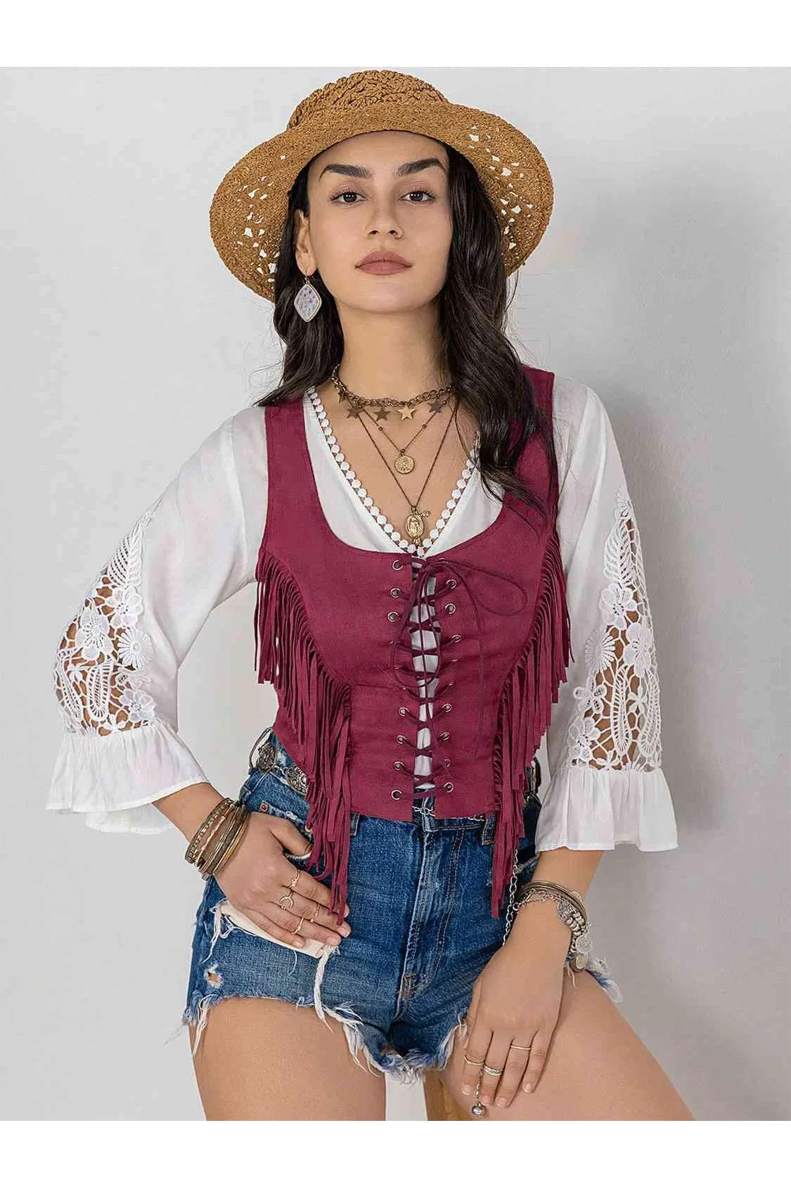 Women Fringe Lace-Up Vest