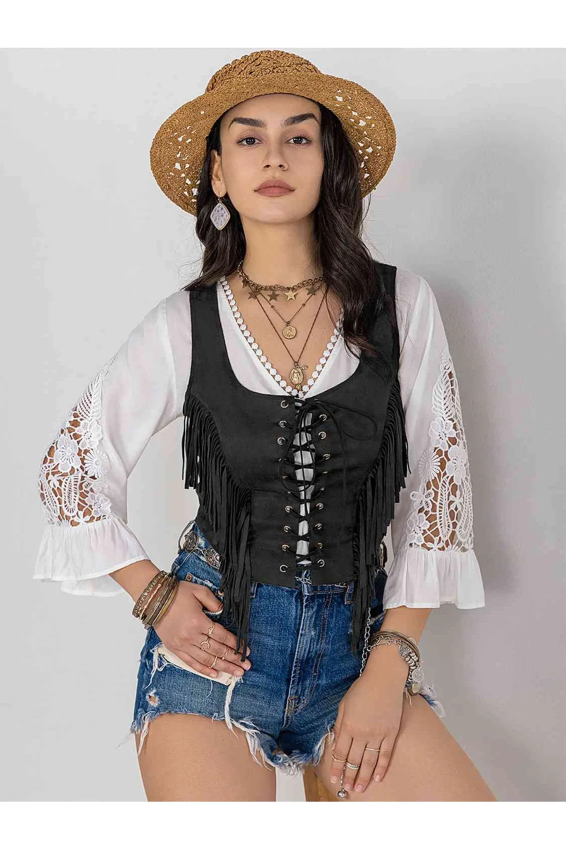 Women Fringe Lace-Up Vest