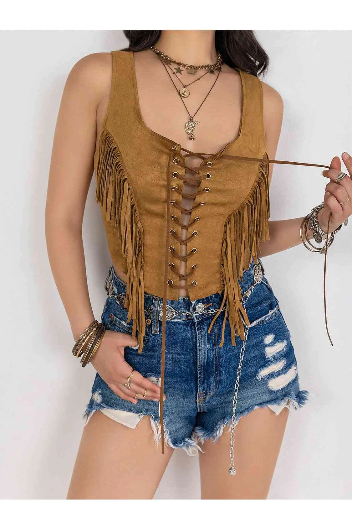 Women Fringe Lace-Up Vest