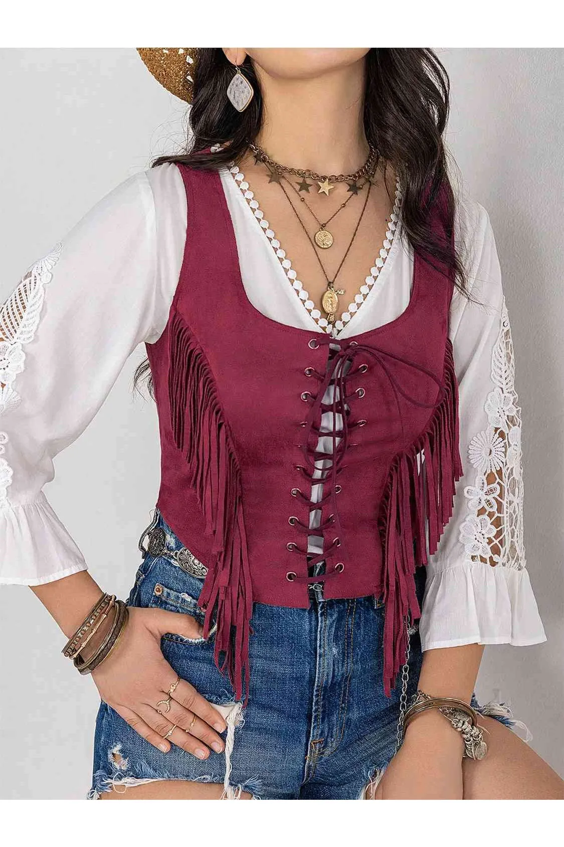 Women Fringe Lace-Up Vest