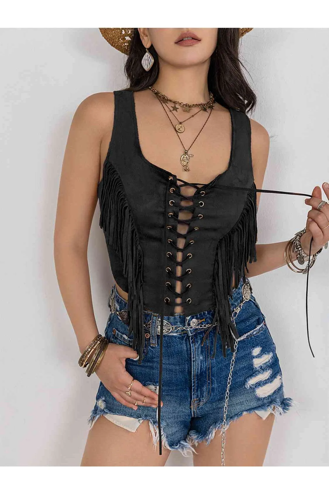 Women Fringe Lace-Up Vest