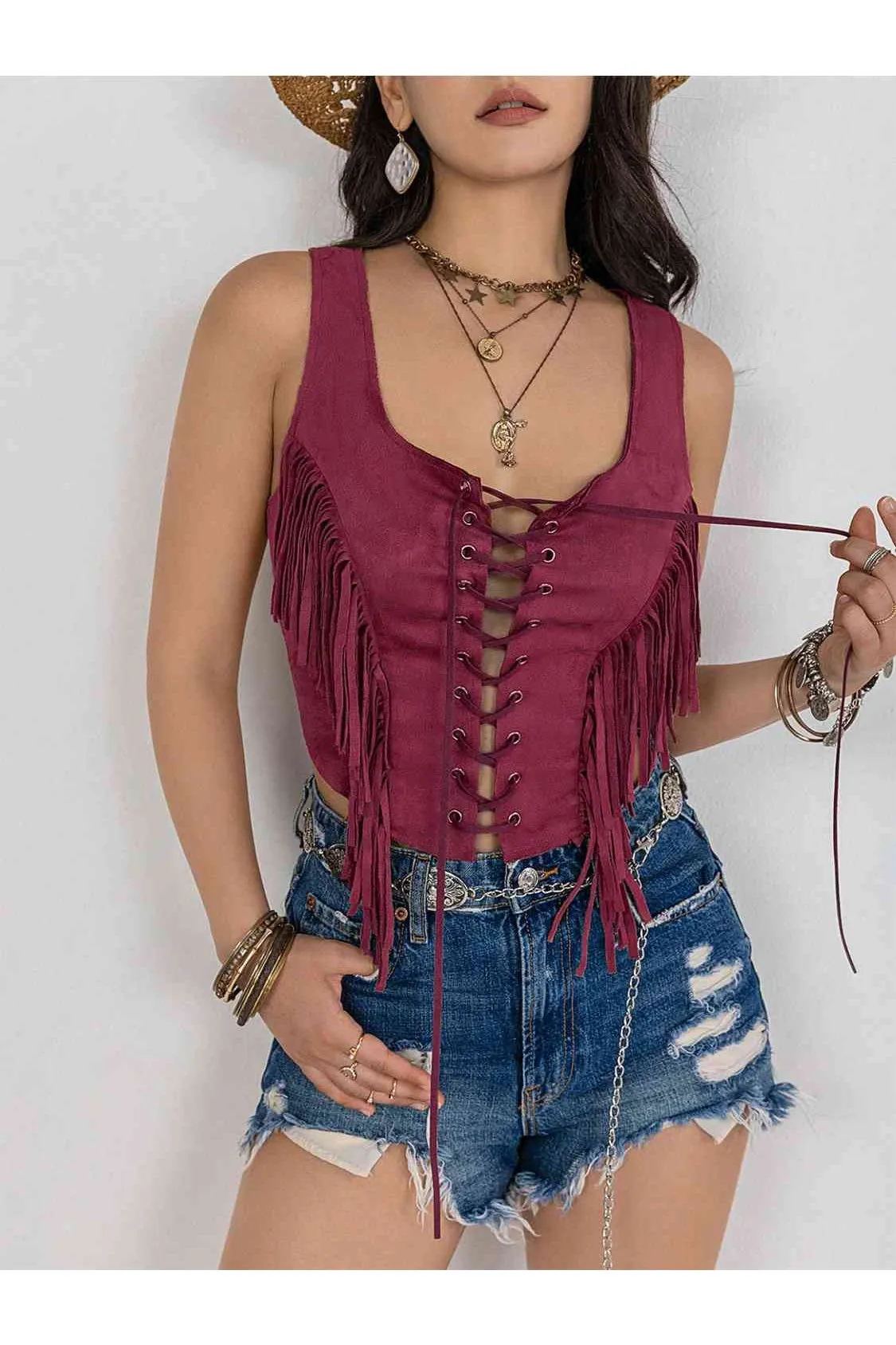 Women Fringe Lace-Up Vest