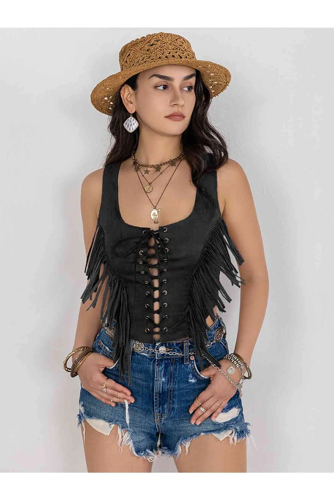 Women Fringe Lace-Up Vest