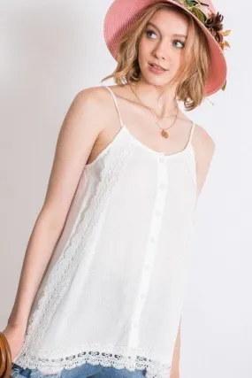 Women's Boho Scallop Lace Trim Detailed Button Down Solid Subtle Textured Slit Side Overlay Layered Cami Top