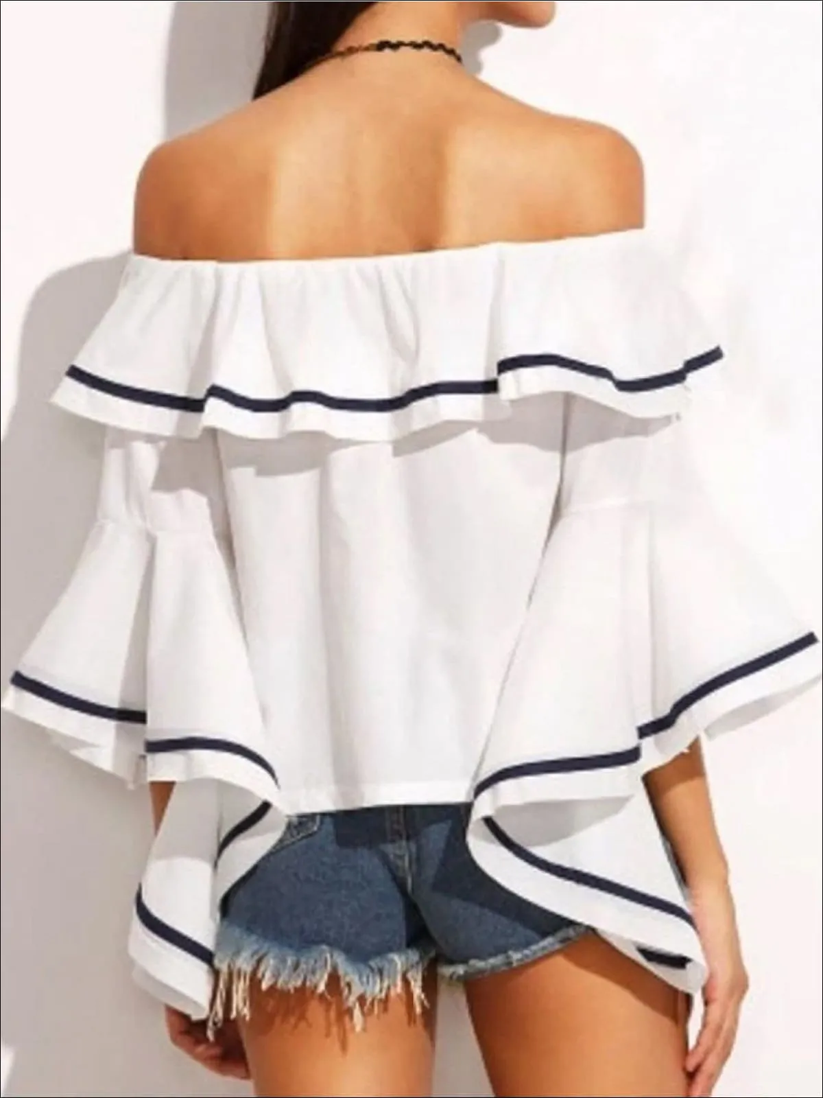 Women's Color-Block Trim Off Shoulder Ruffle Blouse