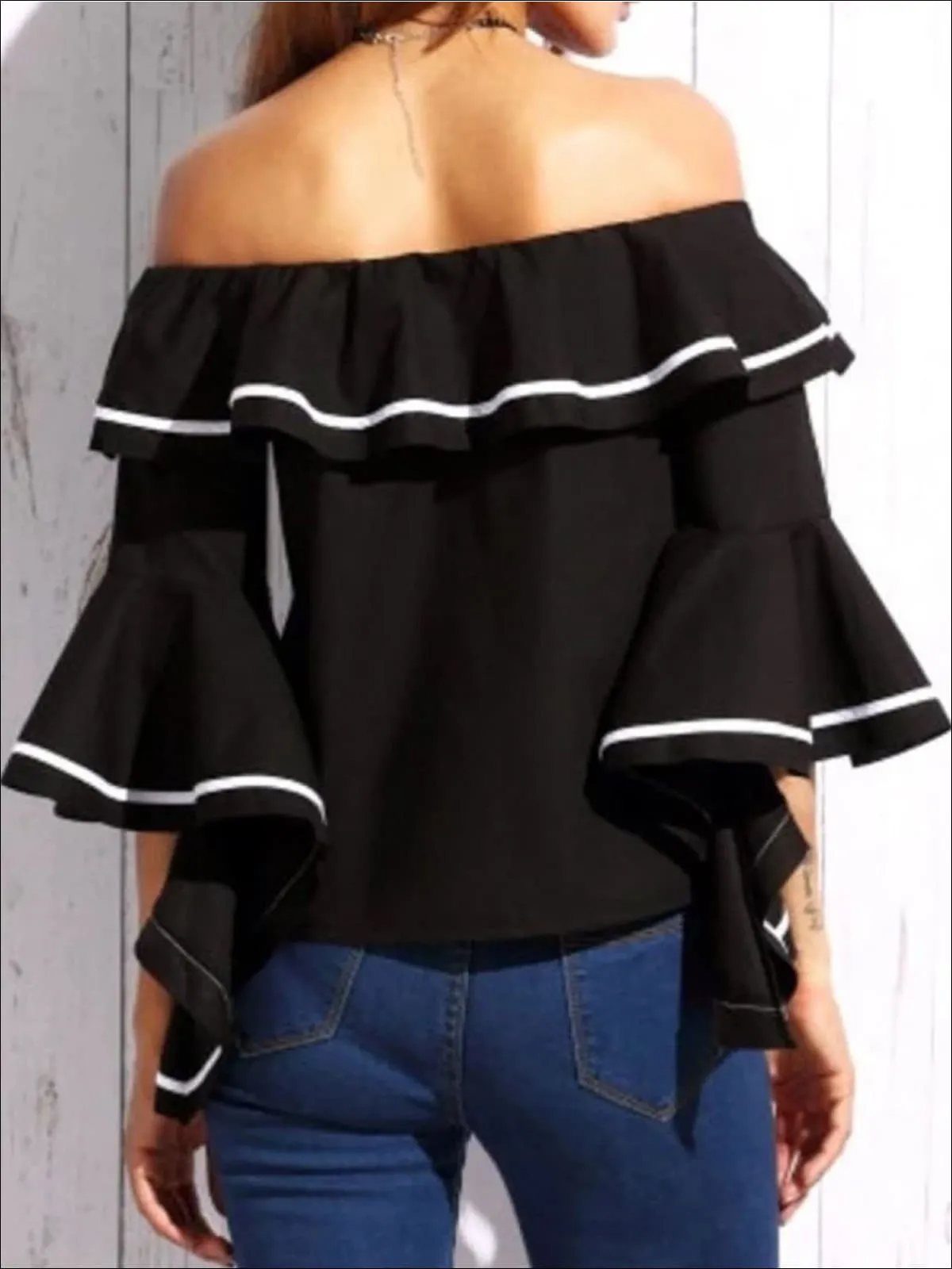 Women's Color-Block Trim Off Shoulder Ruffle Blouse