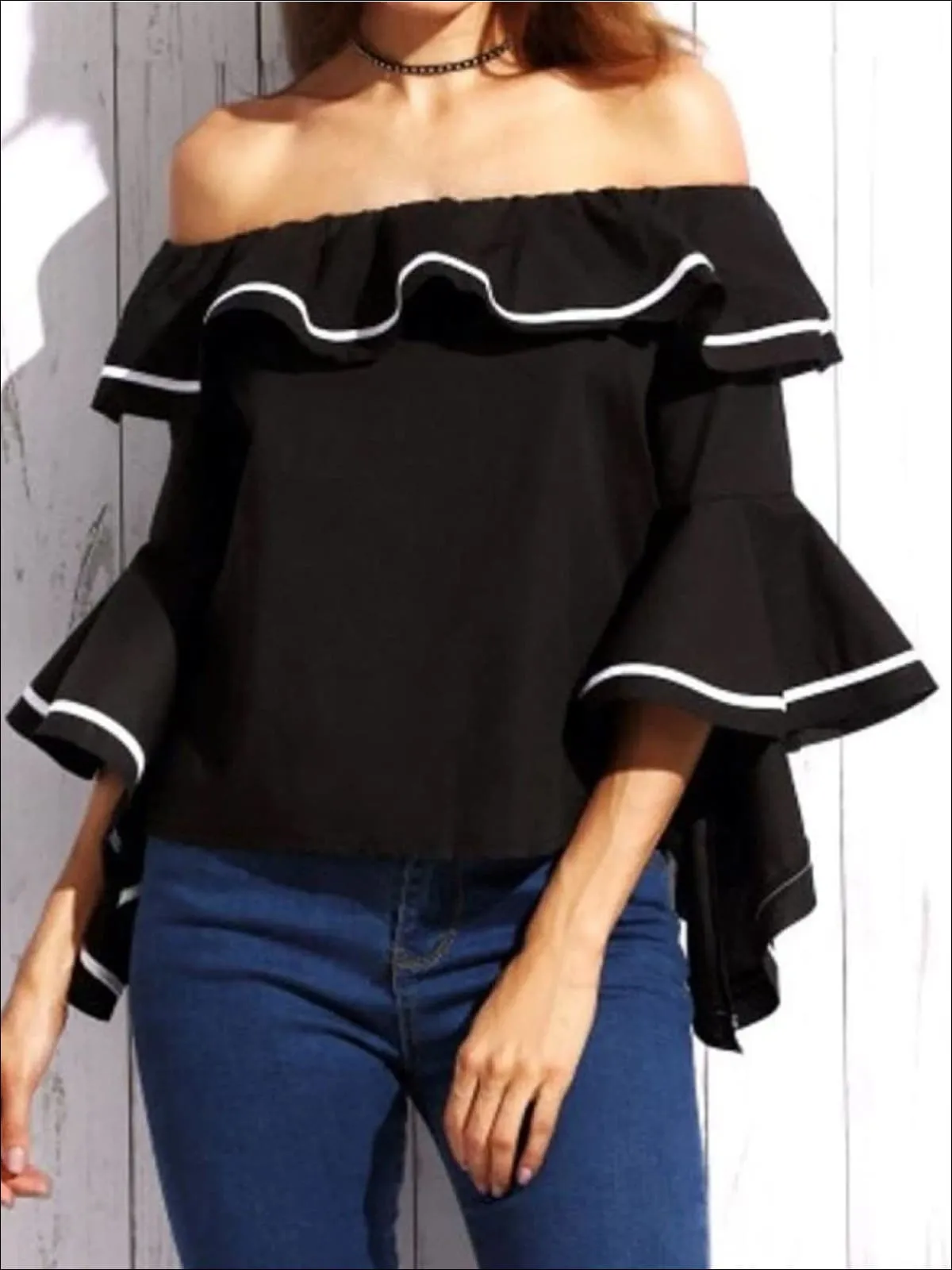 Women's Color-Block Trim Off Shoulder Ruffle Blouse