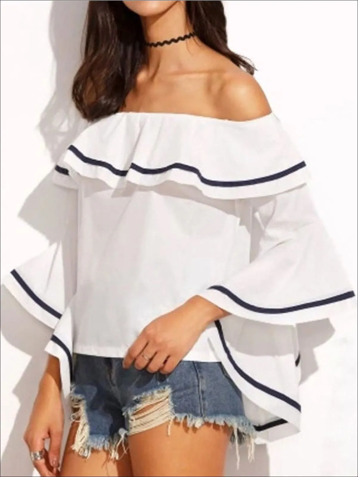 Women's Color-Block Trim Off Shoulder Ruffle Blouse