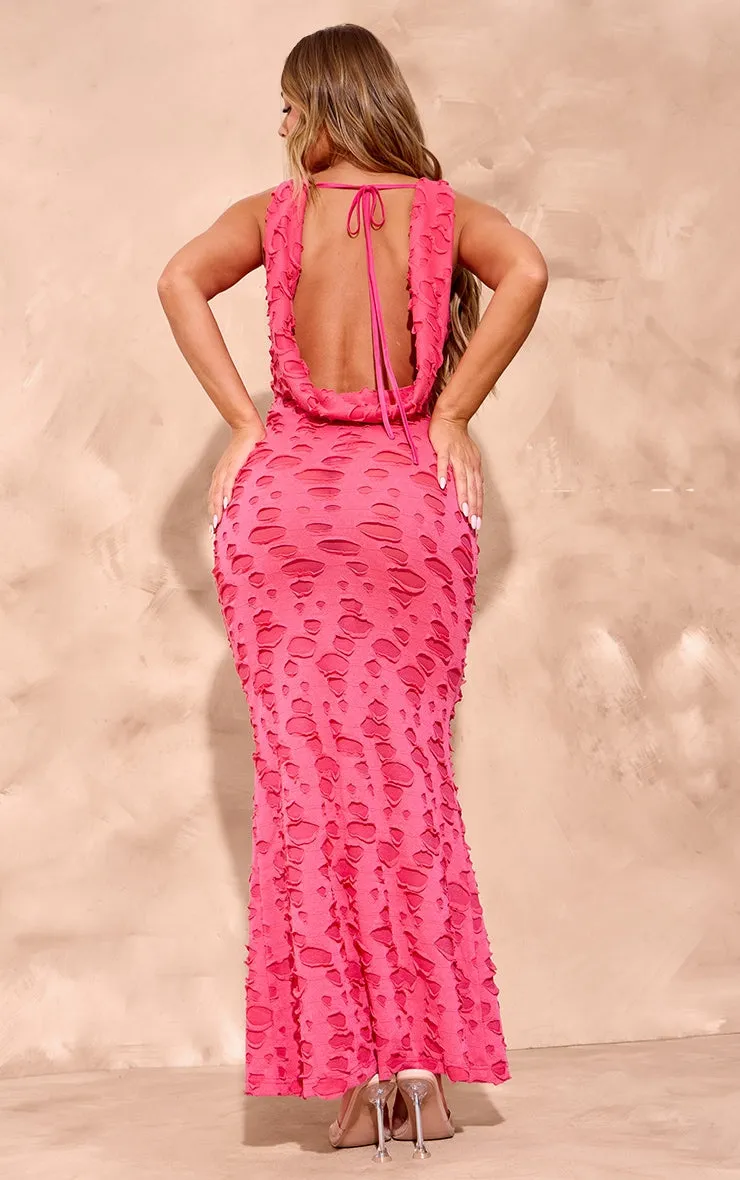 Woven textured cowl neck maxi dress in pink