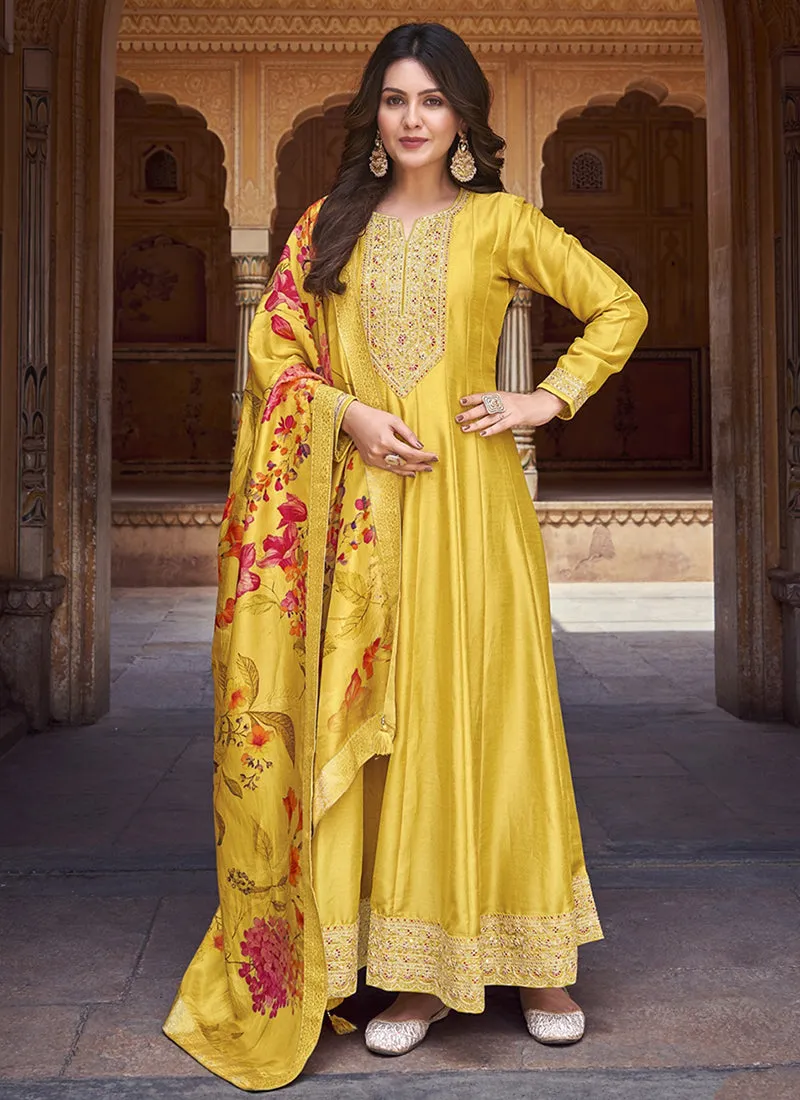 Yellow Multi Embroidery Silk Anarkali Dress