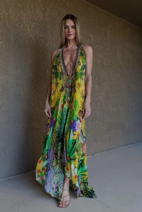 Yellow Tropical Print Maxi Dress